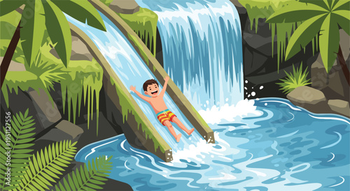 Boy joyfully slides down a tropical waterfall water slide