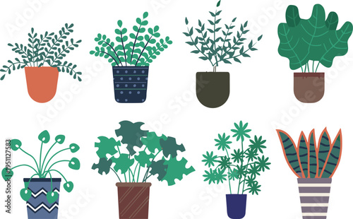 Set of decorative indoor potted houseplants with green foliage, flat vector illustration collection of modern home decor plants isolated on light background