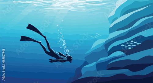 Silhouette of a diver exploring underwater, with sun rays and fish near rock formations