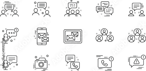 Communication and messaging line icons vector set with chat email phone call microphone camera and social interaction outline symbols