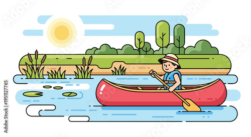 A person enjoys a sunny day paddling a canoe on a calm lake
