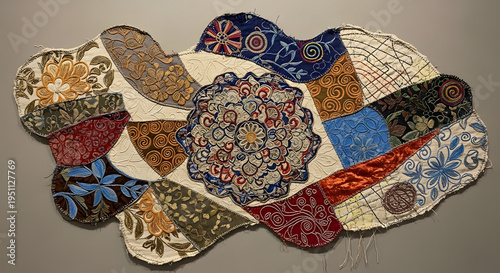 A vibrant patchwork quilt with intricate patterns and colors on display