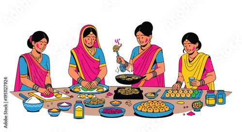 Four women in traditional Indian attire prepare sweets and snacks together, celebrating a festive occasion