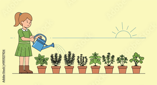A girl waters potted herbs under a rising sun, symbolizing growth