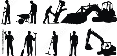Construction worker silhouette set with laborers using shovel, wheelbarrow, jackhammer and excavator machinery, representing manual labor, road construction, civil engineering and industrial work