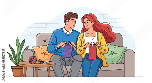 Couple knitting together on a sofa with a plant and table