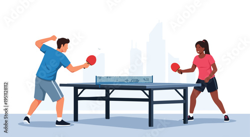 A man and a woman playing table tennis in front of a city skyline
