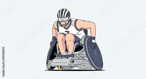 Athlete in a racing wheelchair, wearing a helmet and jersey, mid-competition