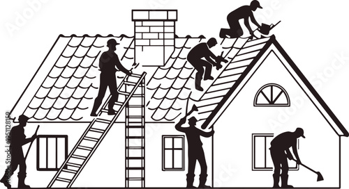 Silhouette roofing workers repairing house roof with ladder, chimney and tools, construction team performing home renovation, maintenance and residential building repair concept