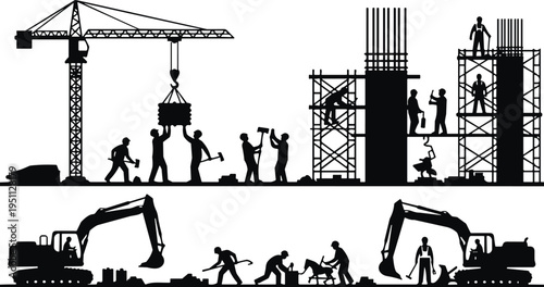 Silhouette construction workers and heavy machinery building urban structure with crane, scaffolding, excavator and labor team at industrial construction site concept illustration skyline