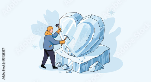 Person sculpting a large heart shape out of ice with tools