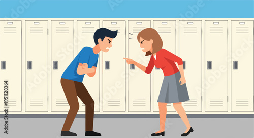 Two frustrated students argue in front of a row of school lockers