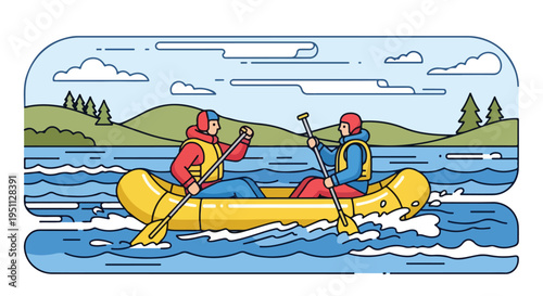 Two people raft down a river surrounded by scenic green hills and trees