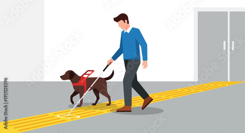 A person with a guide dog walks on tactile paving near a building entrance