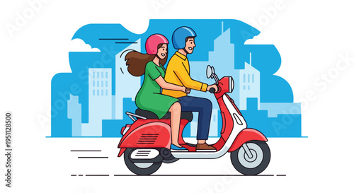 Couple rides a scooter through a modern city skyline at speed