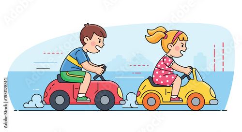 Two children race toy cars with determined expressions, on a stylized blue background