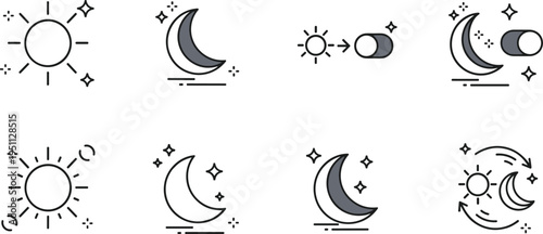 Day and night mode line icons vector set with sun moon toggle switch sunrise sunset and celestial outline symbols