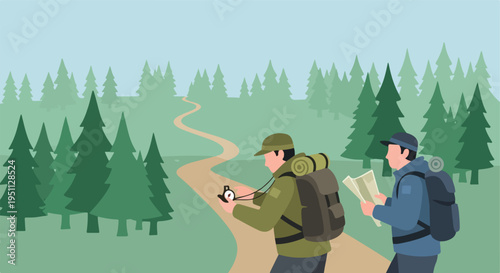 Two hikers with backpacks navigate a forest path using a map and compass