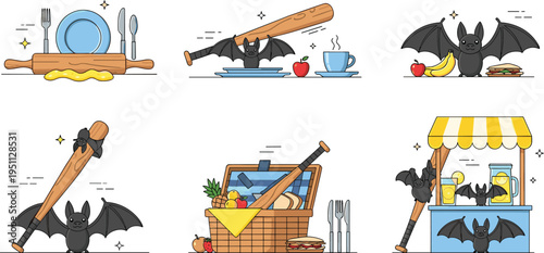 Cute bat animal and baseball elements vector set with picnic, food, sports equipment and funny cartoon illustrations in playful style for creative design