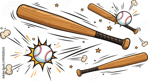 Baseball bat hitting ball vector illustration with dynamic motion lines, impact effects and sports action elements in bold cartoon style for athletic design