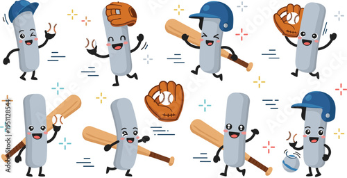Cute baseball bat characters vector set with sports equipment mascots, gloves, helmets and playful cartoon illustrations for athletic design and kids content