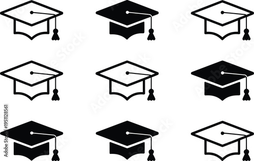 Graduation cap icon set, academic vector illustration of mortarboard caps in minimalist style for education university school and certification design.