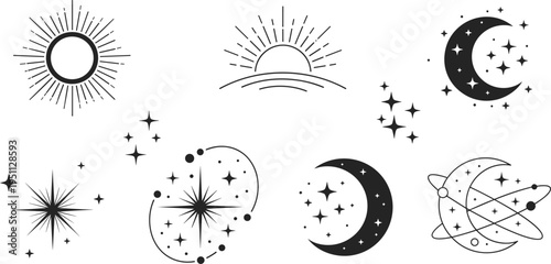 Celestial sun moon and stars vector icons set with cosmic sparkle galaxy orbit and astronomy symbols illustration