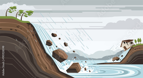 Devastating landslide during a storm, destroying a house and altering the landscape