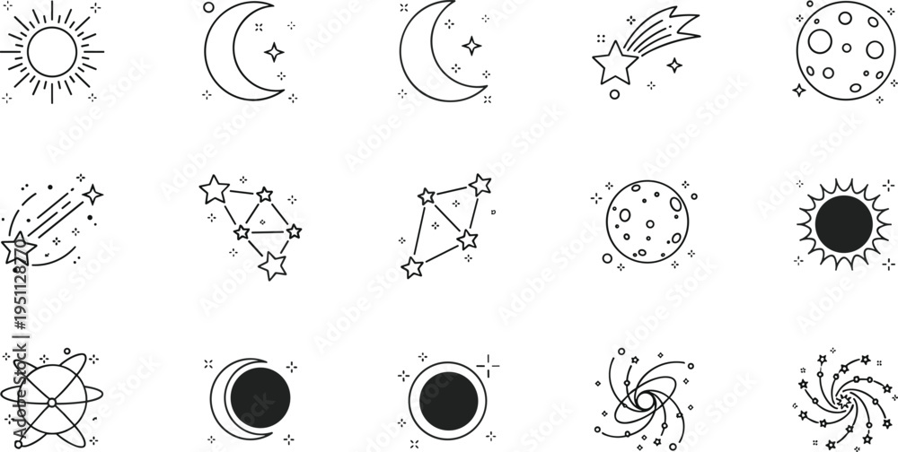 Obraz premium Space and astronomy line icons vector set featuring sun moon stars constellations planets and galaxy outline illustrations