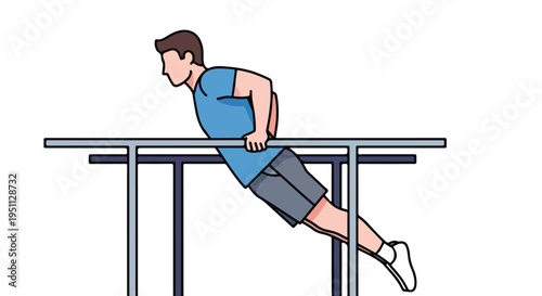 Man performing dip exercise on parallel bars, focused on upper body strength training