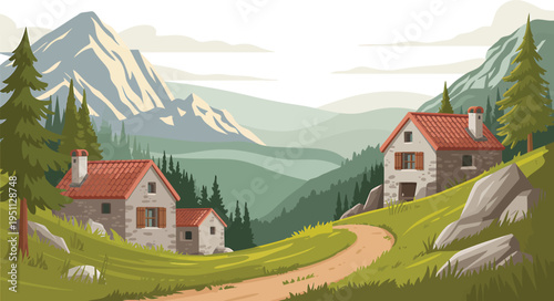 Charming Alpine Village nestled in a lush green valley with rolling hills and snow-capped mount