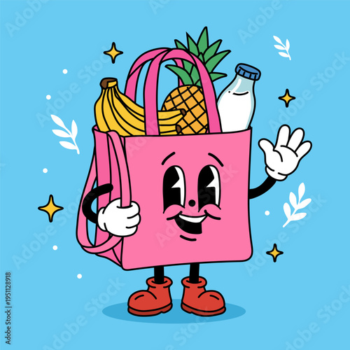 Funny Shopping Bag Mascot with Fruits and Milk