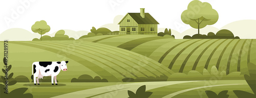Illustration of a peaceful countryside landscape with rolling green hills, a farm house, and a