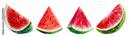 Watermelon slices arranged in a row, featuring juicy red pulp with black seeds and green rind, painted in fresh watercolor style for summer fruit concepts
