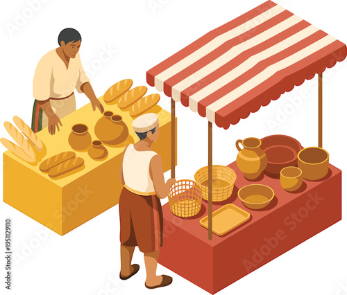 Isometric vector illustration of a bustling traditional market with vendors selling bread and p