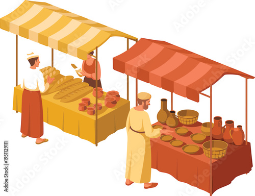Isometric vector illustration of medieval market stalls with people buying bread and produce