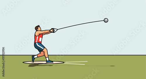 A cartoon athlete in mid-swing at the hammer throw competition