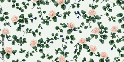 Delicate pink rose blossoms woven with trailing green vines and tiny blue berries in a seamless vintage watercolor repeat, creating a romantic, soft pastel botanical textile print