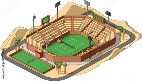 Isometric view of a baseball stadium with tiered seating and surrounding parkland