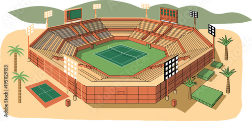 Isometric view of a tennis stadium with green court, spectator seating, palm trees, and surroun