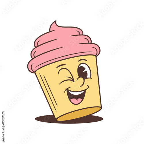 Winking cartoon cupcake character mascot vector illustration. Playful dessert with a flirty wink. Retro comic food personage for bakery or sweet shop branding. Isolated sticker design element