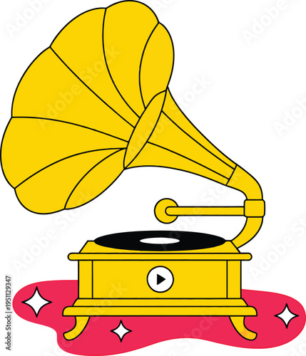 Retro yellow phonograph vector illustration with a large horn speaker on a pink decorative base