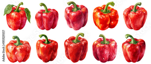 Watercolor collection of red bell peppers on white background, vibrant organic vegetables in various cuts and whole forms, perfect for culinary, healthy eating and design use