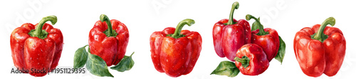 Red bell pepper vegetables, hand painted in watercolor, featuring vibrant colors, organic freshness, and individual forms with green stems, arranged as a collection on a white background