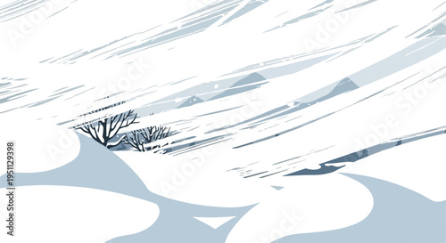 Abstract winter scene with bare trees and snow-covered hills in cool tones