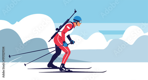 A lone biathlete skis forward under a pale blue sky