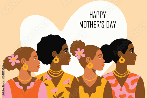 Happy Mother's Day diverse group of four Black women vector illustration with heart shape background, celebrating motherhood and female bonds