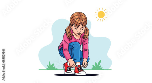 Young girl tying her shoelaces on a sunny day