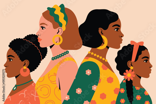 Diverse group of four women of color in profile, facing left and right, wearing colorful clothing and accessories, representing female empowerment and multiculturalism vector illustration