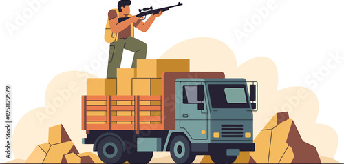 Vector graphic of an armed combatant on a cargo truck navigating a stylized desert landscape